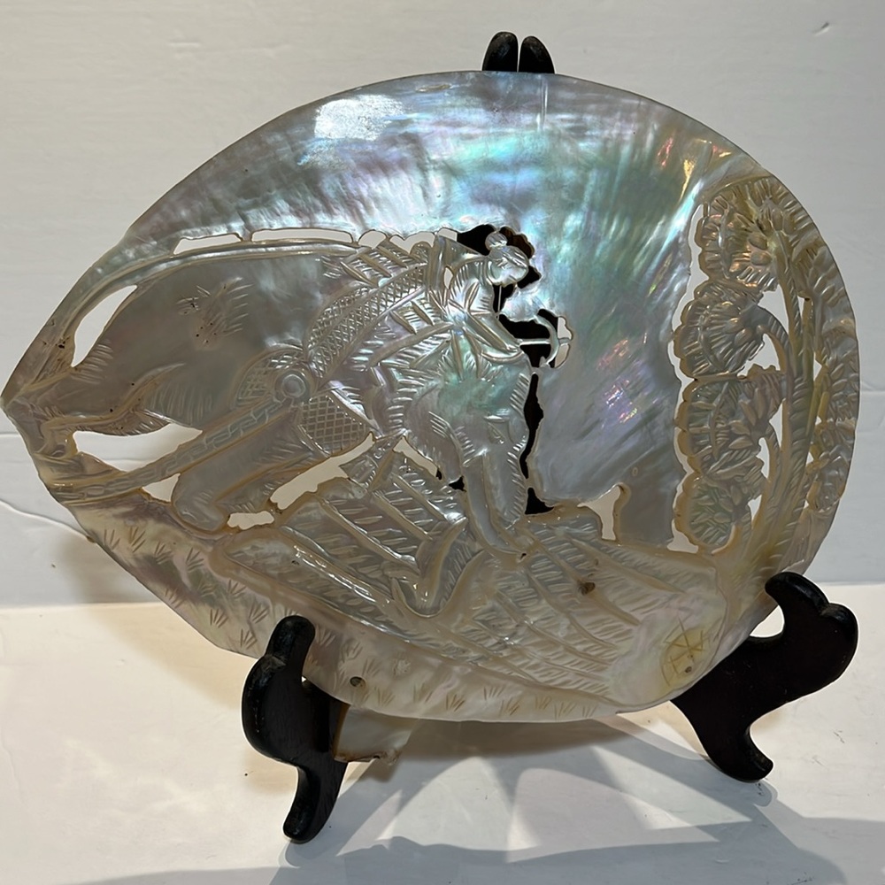 Vintage Intricate Mother of Pearl Carving from Asia 1940’s, elephant with rider